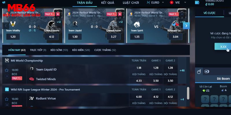 E-Sports MB66 3 Giao diện sảnh cược E-Sports MB66
